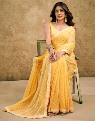 Image of SIRIL Women's Chiffon Bandhani Printed Saree With Unstitched Blouse Piece
