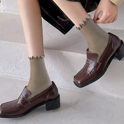 Image of DQCUTE Women's Ruffled Ankle Boot Socks - Soft Knit Cotton Lettuce Trim Crew Socks for Teen Women 6 Pairs
