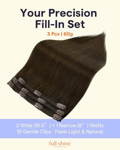 Image of Full Shine Thin Hair Extensions Clip ins, Dark Brown | Clip in Hair Extensions Straight, Blends Naturally, for Weekend Trip, 12 Inch 3 Pcs 60g