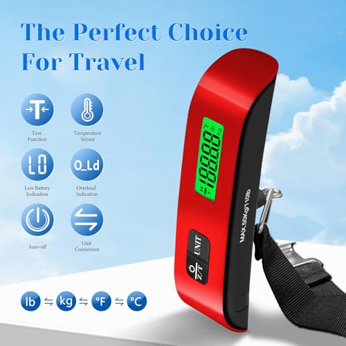 Luggage Scale, 110lb Luggage Weight Scale with 4 Unit Switching Functions&LED Display, Luggage Scale Travel Digital for Weighing Luggage, Backpacks, Packages and Markets(Red)3