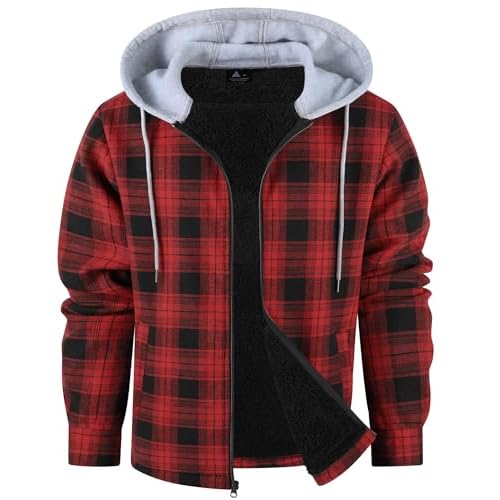 ZITY Men's Flannel Fleece Hoodie Plaid Sherpa Lined Jackets Zip Up With Pocket B Red X-Large
