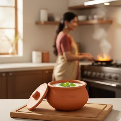 Image of AL-BISMI 500ml -Chini Mitti Ke Bartan,Mitti Ka Chulha,Cooking Pot with Lid,Cooking Pot,Clay Matka,Biryani Handi,Handi,Curd Maker,Curd Pot with Lid,Earthen Curd Pot