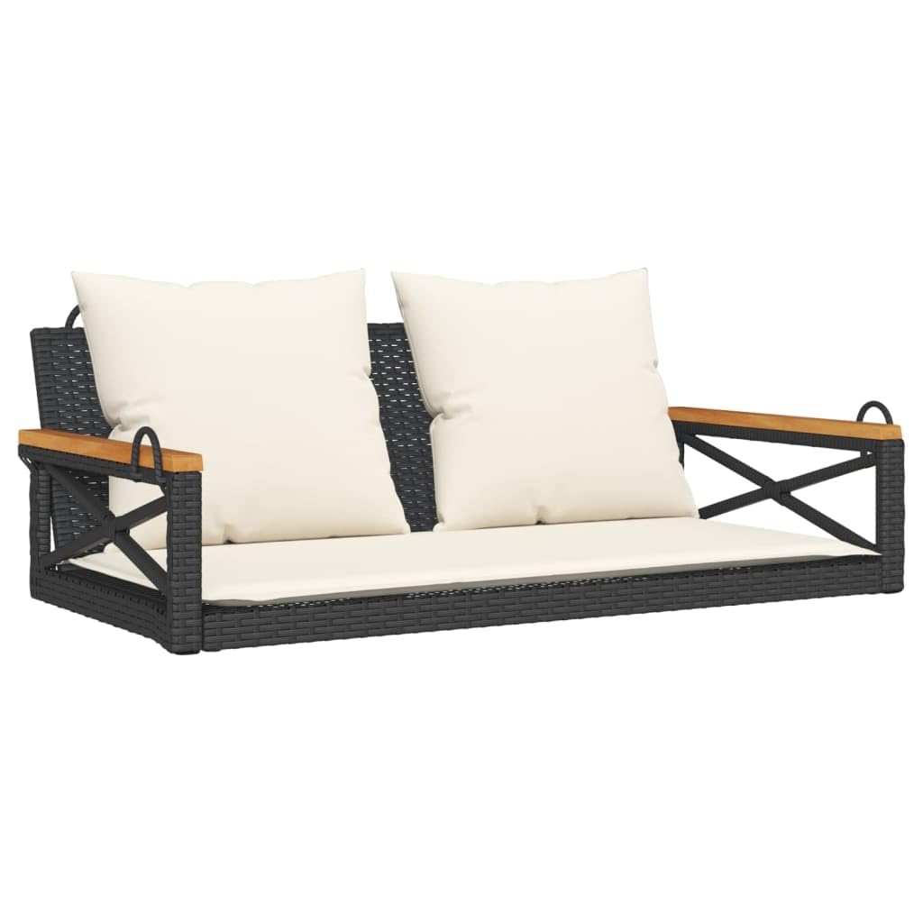 vidaXL Hängebank mit Kissen, Hängeschaukel mit Befestigungsringen, Schaukelbank für Außenbereich, Gartenschaukel, Modern, Schwarz Poly Rattan