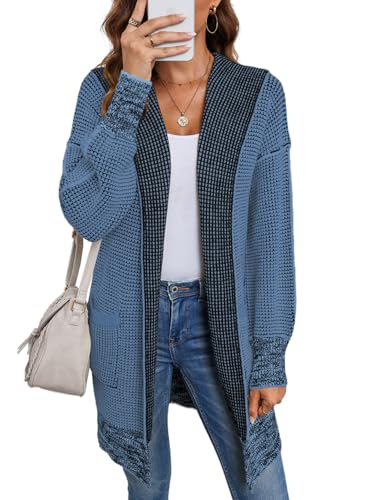 Image of Sidefeel Women's Fall Winter Hooded Cardigan Oversized Open Front Chunky Knit Plaid Sweaters Outwear Sky Blue Small