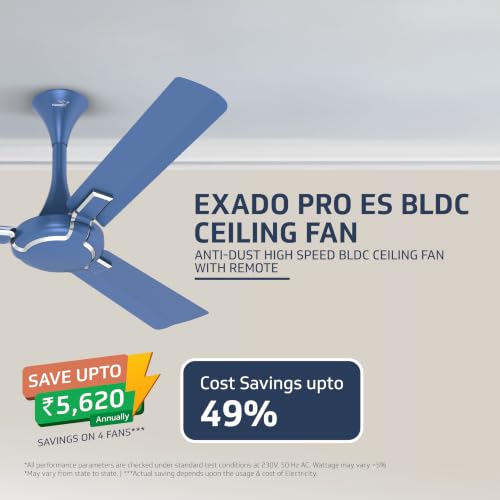 Image of V-Guard Exado Pro ES BLDC Ceiling Fan | Remote Control | Anti Dust Coating | Energy Saving BLDC Fan | 370 RPM | 100% Copper Motor | 1200 mm | Riband Blue Matte