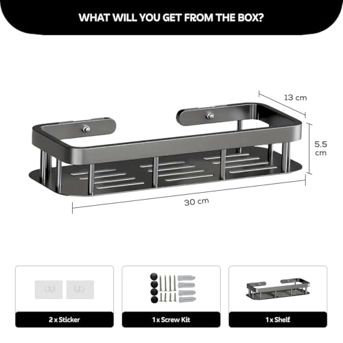 Image of amazon basics Self Adhesive Bathroom Shelf for Wall, Bathroom Organiser Without Drill, Rust Resistant Wall Mounted Bathroom Rack for Shampoo, Soap & Toiletries, Black, Pack of 1