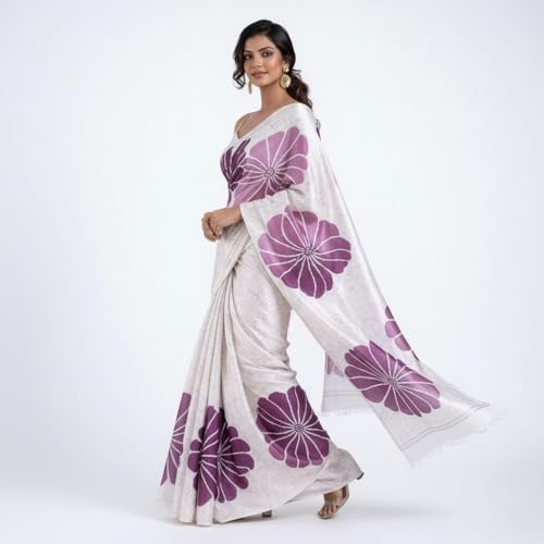 Image of Japan Satin Floral Print Saree for Women with Blouse Piece - Satin Finish Draped Saree