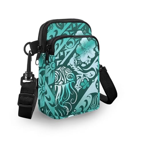 Image of Hawaiian Tribal Small Crossbody Bags for Women Cell Phone Bag Purse, Sea Turtle Zipper Sling Purses Shoulder Bag