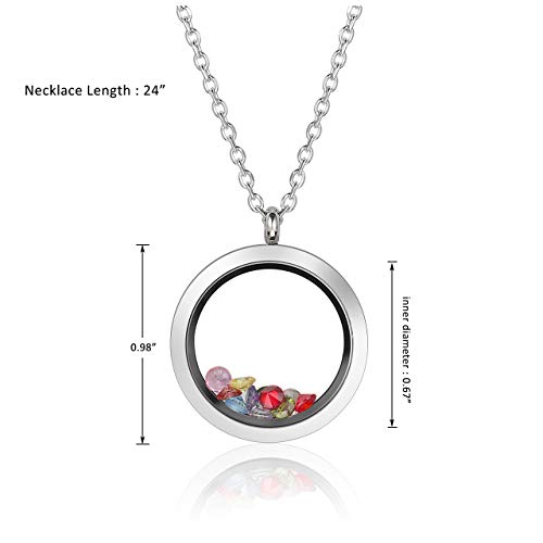 Piercingj Living Memory Floating Locket Pendant Necklace Polished Round Stainless Steel Memorial Keepsake Glass Locket Necklace For Women, Free 12Pcs Cubic Zirconia Birthstone #TOP3