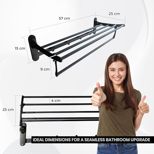 Image of iBELL 57 cm (22.5-Inch) Black Stainless Steel Folding Towel Rack for Bathroom | 90 Foldable Space-Saving Towel Stand | Towel Hanger | Bathroom Accessories| Corrosion Resistant and Scratch Resistant