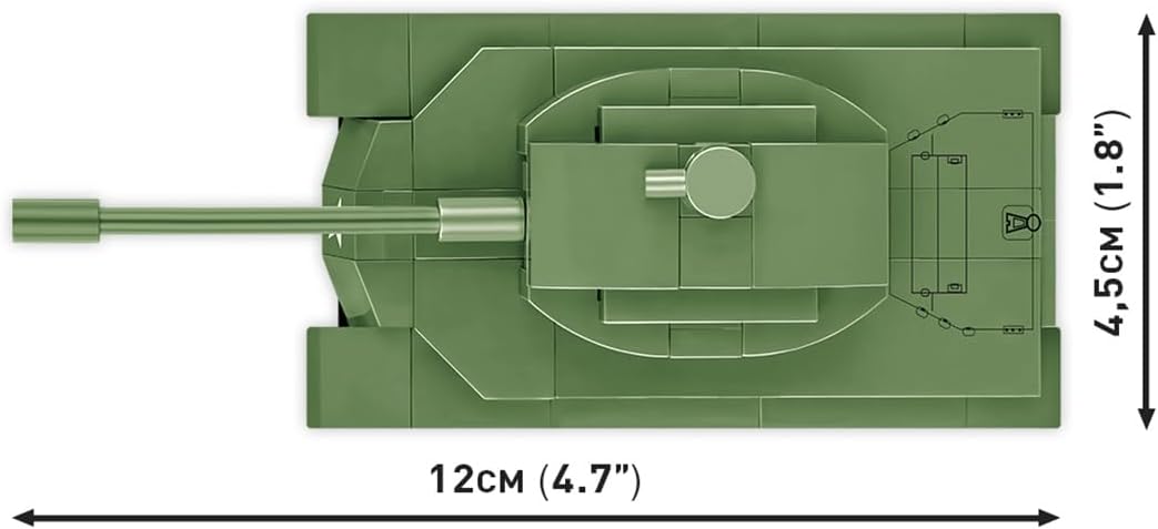 Top view of assembled COBI 3104 Patton M48 tank with length and width dimensions