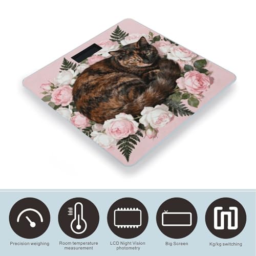 Báscula digital para baño con diseño de gato y rosas miniatura 3