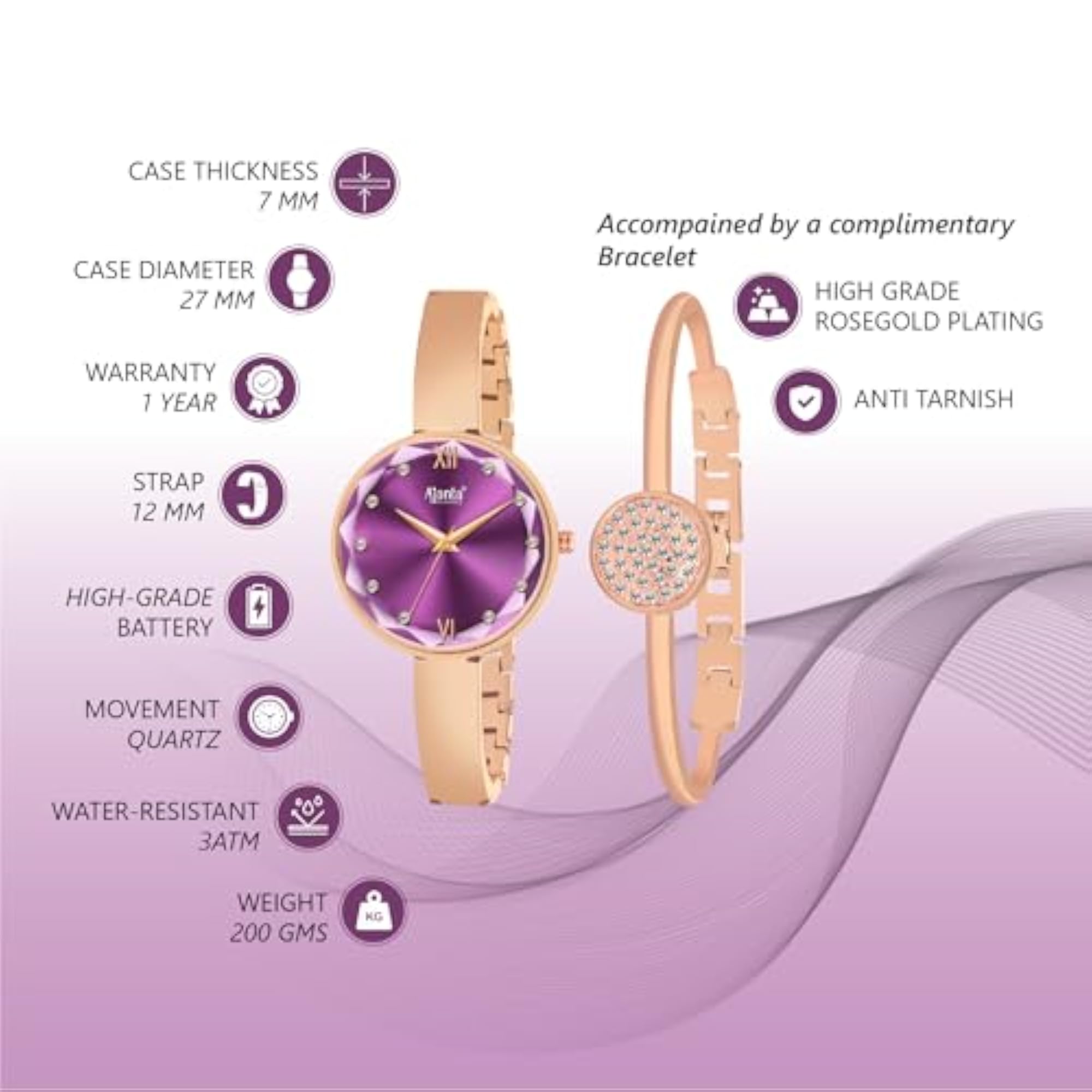 Women's Stylish Rose Gold Analog Watch with Diamond Bracelet