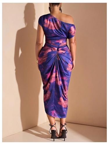 Image of Floerns Women's Plus Size Asymmetrical Neck Long Dress Ruched Slit Hem Cocktail Dress