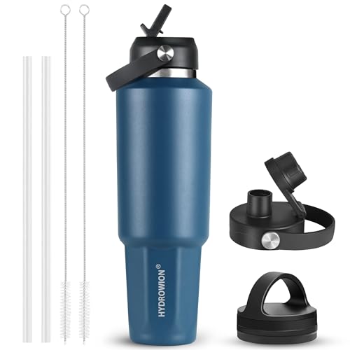 Image of HYDROWION 40 oz Insulated Water Bottle, Car Water Bottle Holder - Double Wall Vacuum Insulated Travel Bottle with Straw Lid, Spout Lid and Flex Cap - Cold for 24H, Hot for 12H, Cobalt