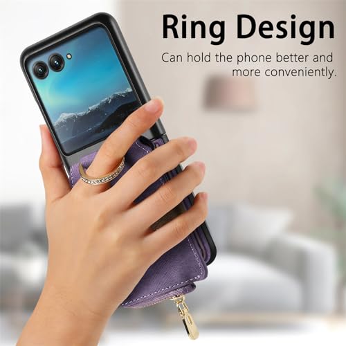 COQUE Shell Motorola Razr 40 Ultra Protective Cover,Magnetic Folding Zipper Wallet Card Slot Mobile Phone Leather Case for Motorola Razr 40 Ultra-Purple - Image 4