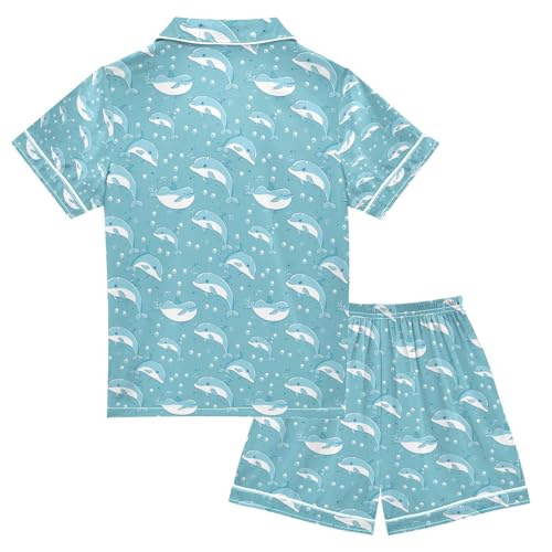 senya Cute Small Dolphins Satin Summer Pajama Sets Silk Short Sleeve Button Down Sleepwear2