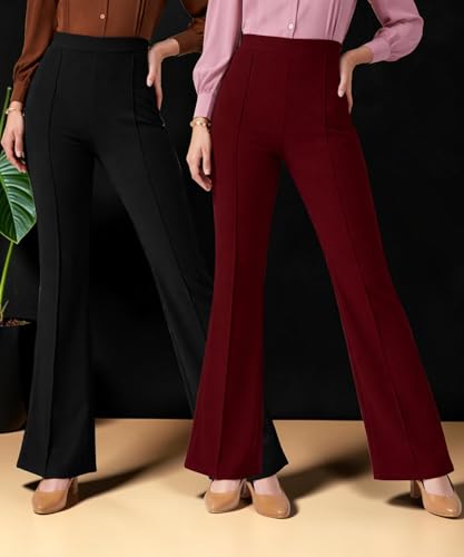 Image of Women Solid Flared Trousers Pack of 2 | High Waist Stretchable Office Pants for Women | Formal Bell Bottom Palazzo Trouser Combo