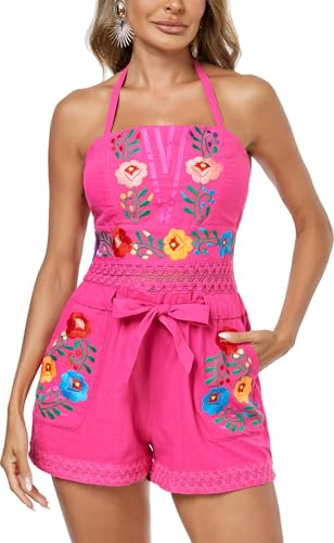 Embnoyes Rompers for Women Summer Boho Embroidered Floral Sleeveless Halter
