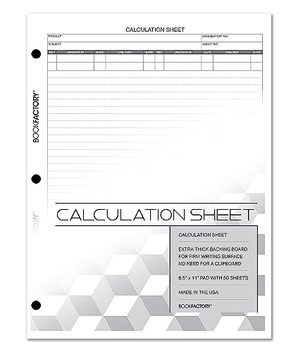 BookFactory Calculation Sheet Notepad/Grid Format Calculation Analysis Paper Pad/Pad with 3 Hole Punch for Binders - 50 Pages, DOE NRC OSR 19-189, 8.5'' x 11'' (PAD-050-7CPD3(Calculation-Sheet))
