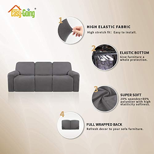 Image of Easy-Going Microfiber Stretch Sectional Recliner Sofa Slipcover Soft Fitted Fleece 3 Seats Couch Cover Washable Furniture Protector with Elasticity for Kids Pet (Light Grey, Large) - 8 Pieces
