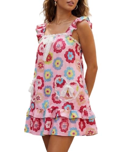 Image of Women Tie Shoulder Mini Dress Floral Ruffle Babydoll Dress Boho Square Neck Sundress Cute Summer Dresses