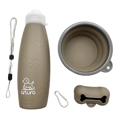 Botella 600ml. El tamaño Ideal. Agua Pipi Perros de Silicona A+ Apta también para Bebida. Recupera su Forma. con tapón antigoteo y Accesorios para Perros. Salida Chorro. Marron.