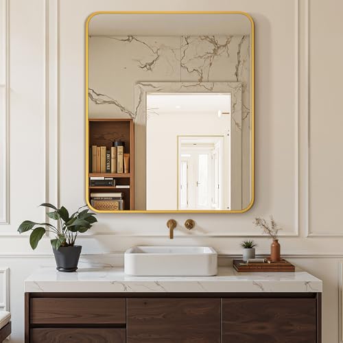 Image of Delma Bathroom Vanity Mirror, Gold Framed Mirror for Over Sink, 36x30 | HD glass, distortion-free for makeup and grooming, Sturdy frame, all mounting hardware, hangs horizontal or vertical