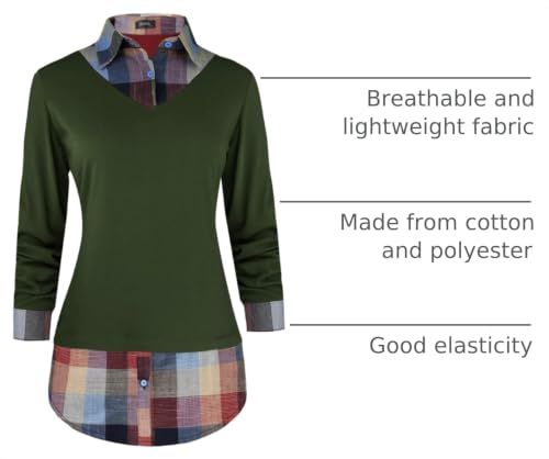 Image of Oyamiki Women's Casual Collared Curved Hem 2 in 1 Pullover Tops Plaid Contrast Shirt Blouse