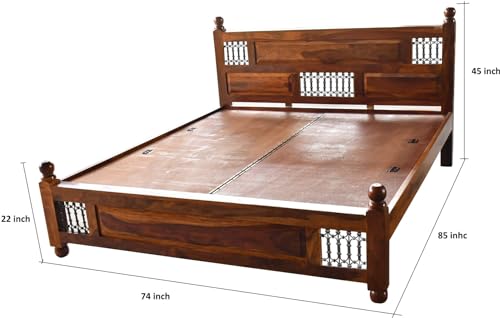Image of Solid Sheesham Wood King Size Bed Without Storage | Wooden Double Bed Frame for Guest Room Modern Handcrafted & with Headboard | Walnut Finish