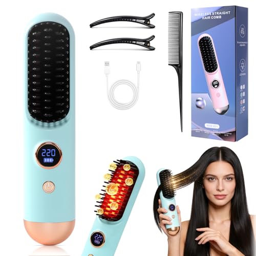 2026 Hair Straightener Brush, Cordless Hair Straightener Brush for Short Hair, Mini Portable Straightening Hair Comb Brush with 9 Temps Fast Heating for Women, Travel Size Hair Styling Tool (Blue)