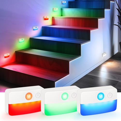 Image of Guankai 3 Pack Motion Sensor Stair Lights for Indoor, Wireless RGB Battery Operated Night Light, Led Stick On Hallway Closet Under Cabinet Step Portable Lamp for Bedroom Kitchen Bathroom