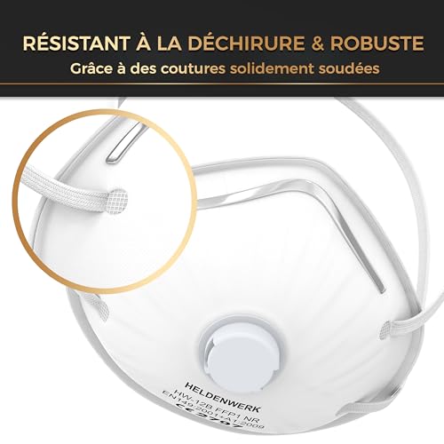 HELDENWERK Atemschutzmaske im 5er, 10er oder 20er Set - Atemmaske - Perfekt anpassbare FFP1 Mundschutz Maske - Feinstaubmaske, Staubschutzmaske für Schleifen etc