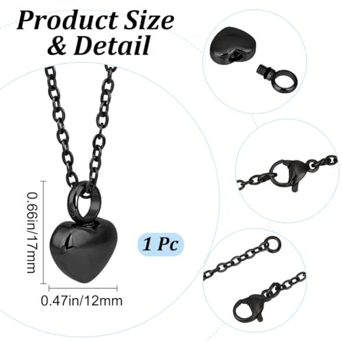 CREATCABIN Heart Cremation Urn Necklace for Ashes Keepsake Cremation Jewelry Mini Black Urn Necklace Stainless Steel Memorial Pendant with Cable Chain Funnel Pin Waterproof for Human Pet 21Inch - Image 2