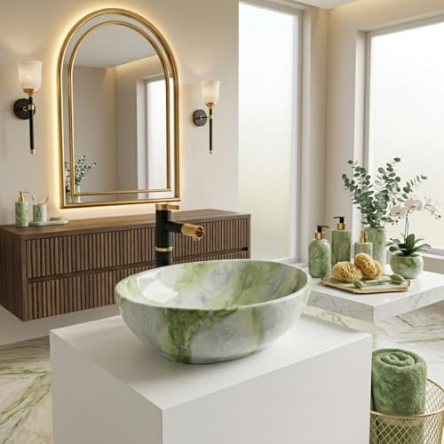 Image of Ceramic Tabletop Wash Basin - Glossy Bowl Shape Countertop Vessel Sink with Marble Finish for Bathroom & Vanity | Compact 16 x 13 x 5 Inch | Elegant Washbasin