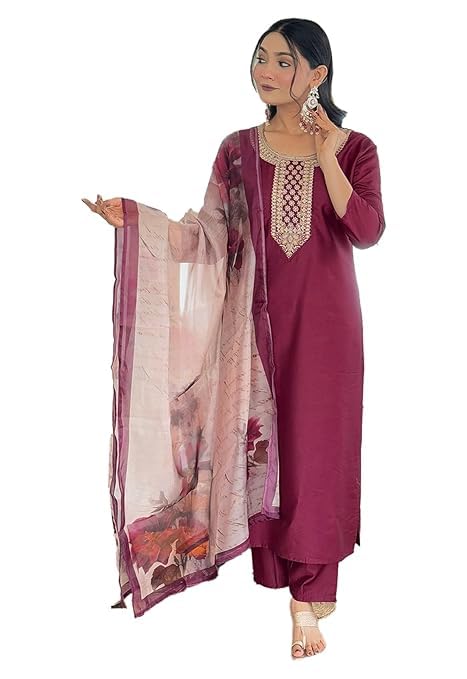 Ensemble kurta pour femme en rayonne brodée coupe droite fluide LookMark
