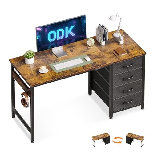 ODK Escritorio con 4 Cajones de Tela, 120x48cm Mesa Escritorio Ordenador Reversible con Gancho para Auriculares, Escritorio de Estudio para Oficinas Hogar y Puestos de Trabajo, Marrón