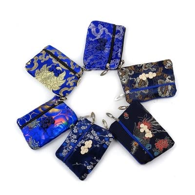 2pcs Cute Chinese knot Two Zipper Purse Jewelry Packaging Bags for Bracelets Necklace Storage Silk Brocade Zip Pouch Bags for Travel (dark blue?2 pcs pattern random?)