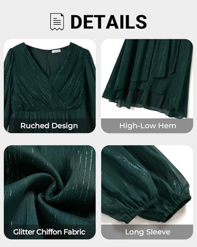 Image of Talisea Plus Size Cocktail Dress - Formal Wedding Guest Fall Long Sleeve A Line Pleated V Neck Midi Dresses for Curvy Women