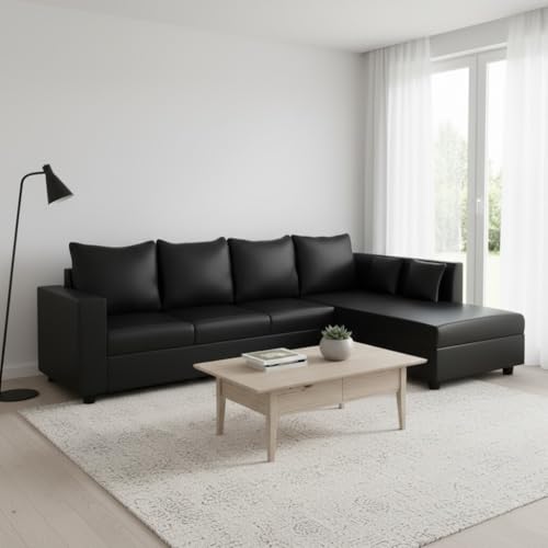 Image of FURNY Harloy 5 Seater RHS L Shape Leatherette Sofa Set (Black) in Premium Finish | Durable Comfort | Ideal for Living Room