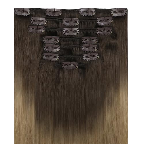 Image of YoungSee Ombre Clip in Human Hair Extensions Chocolate Brown Roots to Caramel Blonde Clip on Hair Extensions for Women Brown Ombre Human Hair Extension Clip ins Rmey Hair 14in 7pcs 120g