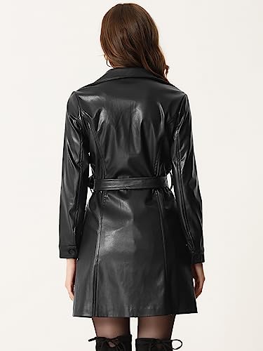 Allegra K Faux Leather Long Jacket for Women's Notched Lapel Collar PU Trench Coat3