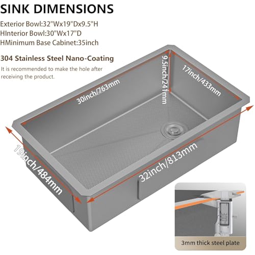 Image of 32 Inch Undermount Kitchen Sink, 304 Stainless Steel with Nano Coating, Single Bowl, Modern Design for Workstation, RV, Prep Kitchen & Bar, Drain Assembly Included, 32x19 Inch (Silver)