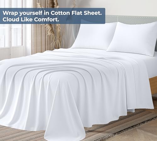 Image of Royale Linens 100% Organic Cotton Queen Flat Sheet Only - Super Soft - Percale Top Sheets - Queen Flat Sheet Sold Separately - Breathable, Cool & Crisp White Sheets Only (90 inch x 102 inch, White)