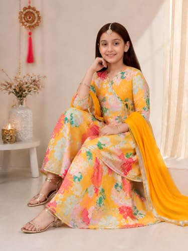 Image of Preneum Girls's Ethnic Cotton Bandhani & Lehariya Printed 3 /4 Sleeves Gotta Patti Angrakha Kurta with Sharara Set