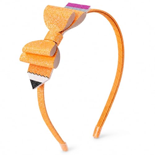 WIWUFUE Pencil Headband for Girls – Sparkly Glitter Hair Bows Cute Yellow School Pencil Hair Accessory for First Day of School Book Week Costume Back to School Party for Preschool & Elementary Kids