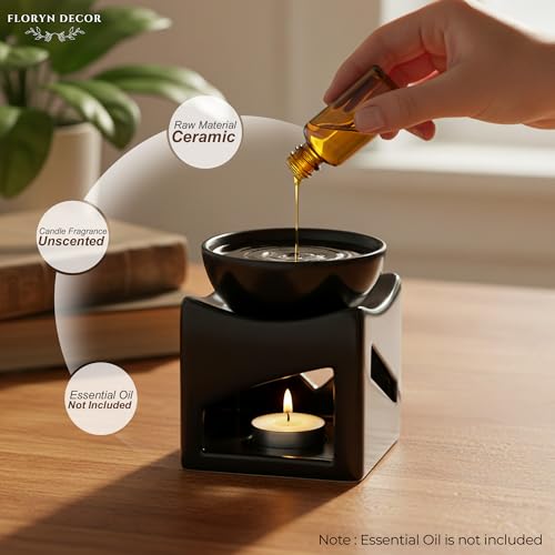 Image of Floryn Decor Ceramic Oil Burner Diffuser for Home & Office | Aroma Oil Burner with Tealight Candle | Ceramic Fragrance Diffuser for Aromatherapy, Relaxation & Home Decor (100ml) (Black)