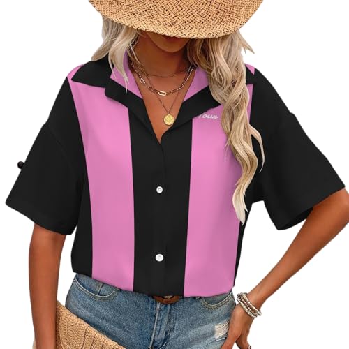 Custom Retro Bowling Shirts for Women, Vintage Short Sleeve Button Down Casual Shirts with Personalized Team Name