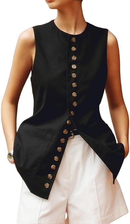 Women Cotton Linen Vest Summer Long Lightweight Button Down Sleeveless Casual Tank Tops with Drawstring
