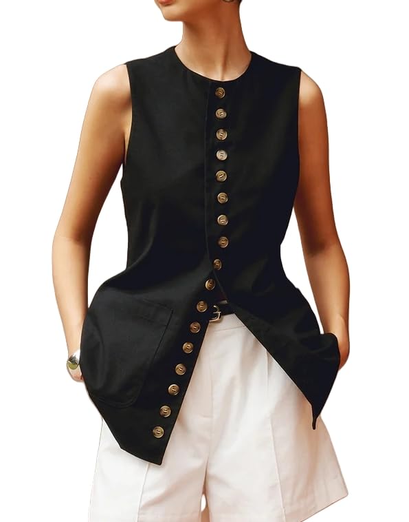Women Cotton Linen Vest Summer Long Lightweight Button Down Sleeveless Casual Tank Tops with Drawstring